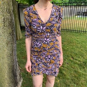 Zara Purple and Yellow Patterned Ruched Dress